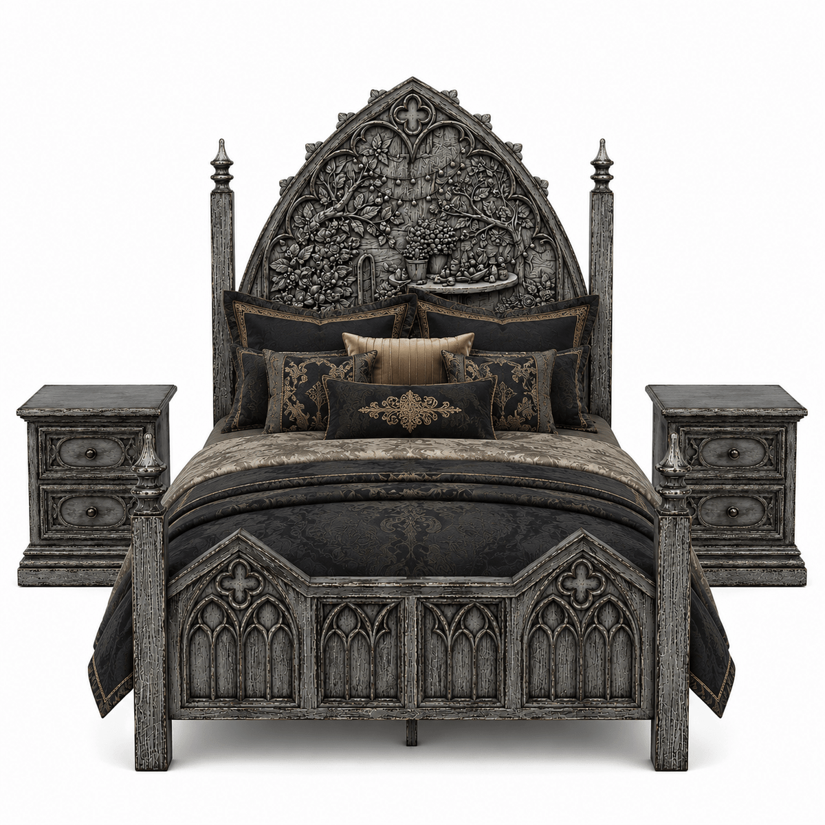 Cathedral Reverie™ Gothic Hand-Carved Solid Wood Nightstand – handcrafted solid wood furniture