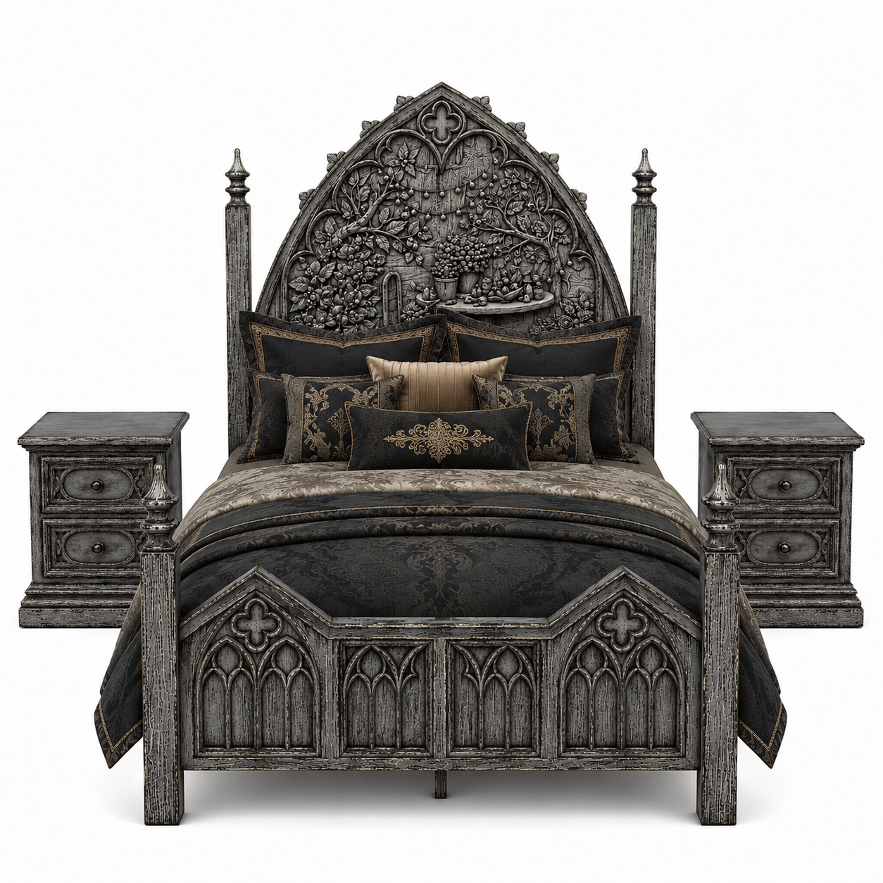 Cathedral Reverie™ Gothic Hand-Carved Solid Wood Nightstand – handcrafted solid wood furniture