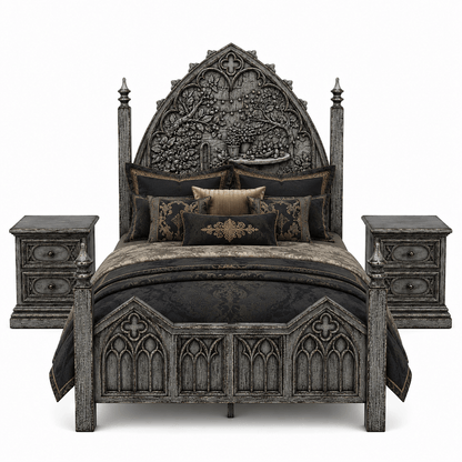 Cathedral Reverie™ Gothic Hand-Carved Solid Wood Nightstand – handcrafted solid wood furniture