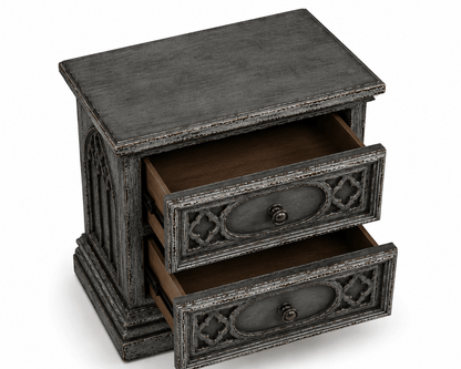 Cathedral Reverie™ Gothic Hand-Carved Solid Wood Nightstand – handcrafted solid wood furniture