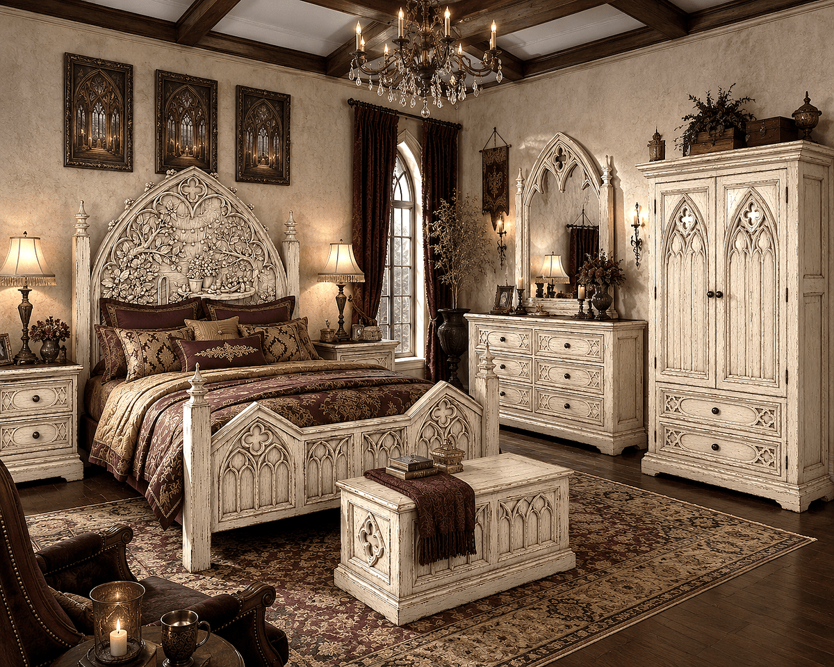 Cathedral Reverie™ Gothic Hand-Carved Solid Wood Nightstand – handcrafted solid wood furniture
