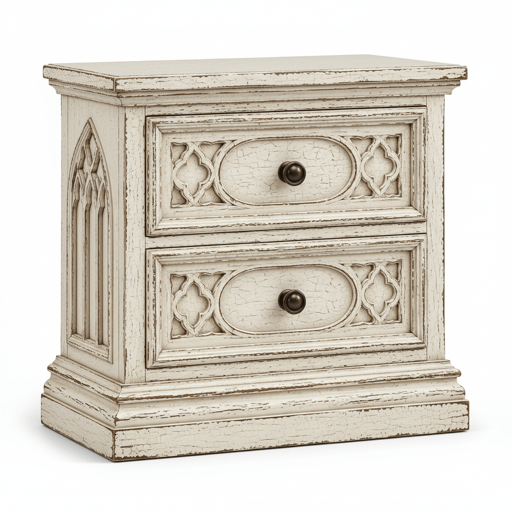 Cathedral Reverie™ Gothic Hand-Carved Solid Wood Nightstand – handcrafted solid wood furniture