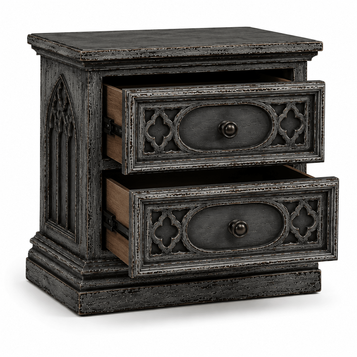 Cathedral Reverie™ Gothic Hand-Carved Solid Wood Nightstand – handcrafted solid wood furniture