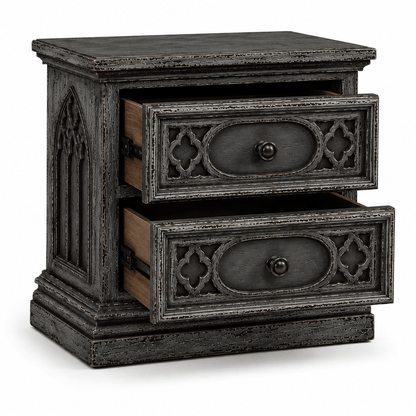 Cathedral Reverie™ Gothic Hand-Carved Solid Wood Nightstand – handcrafted solid wood furniture