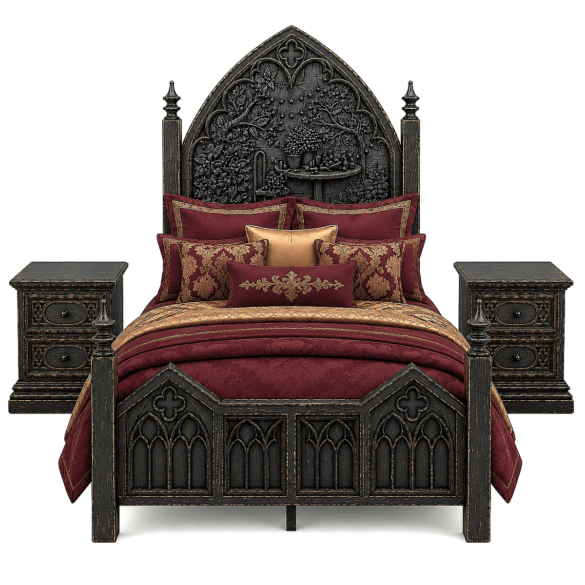 Cathedral Reverie™ Gothic Hand-Carved Solid Wood Nightstand – handcrafted solid wood furniture