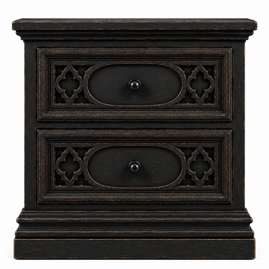 Cathedral Reverie™ Gothic Hand-Carved Solid Wood Nightstand – handcrafted solid wood furniture