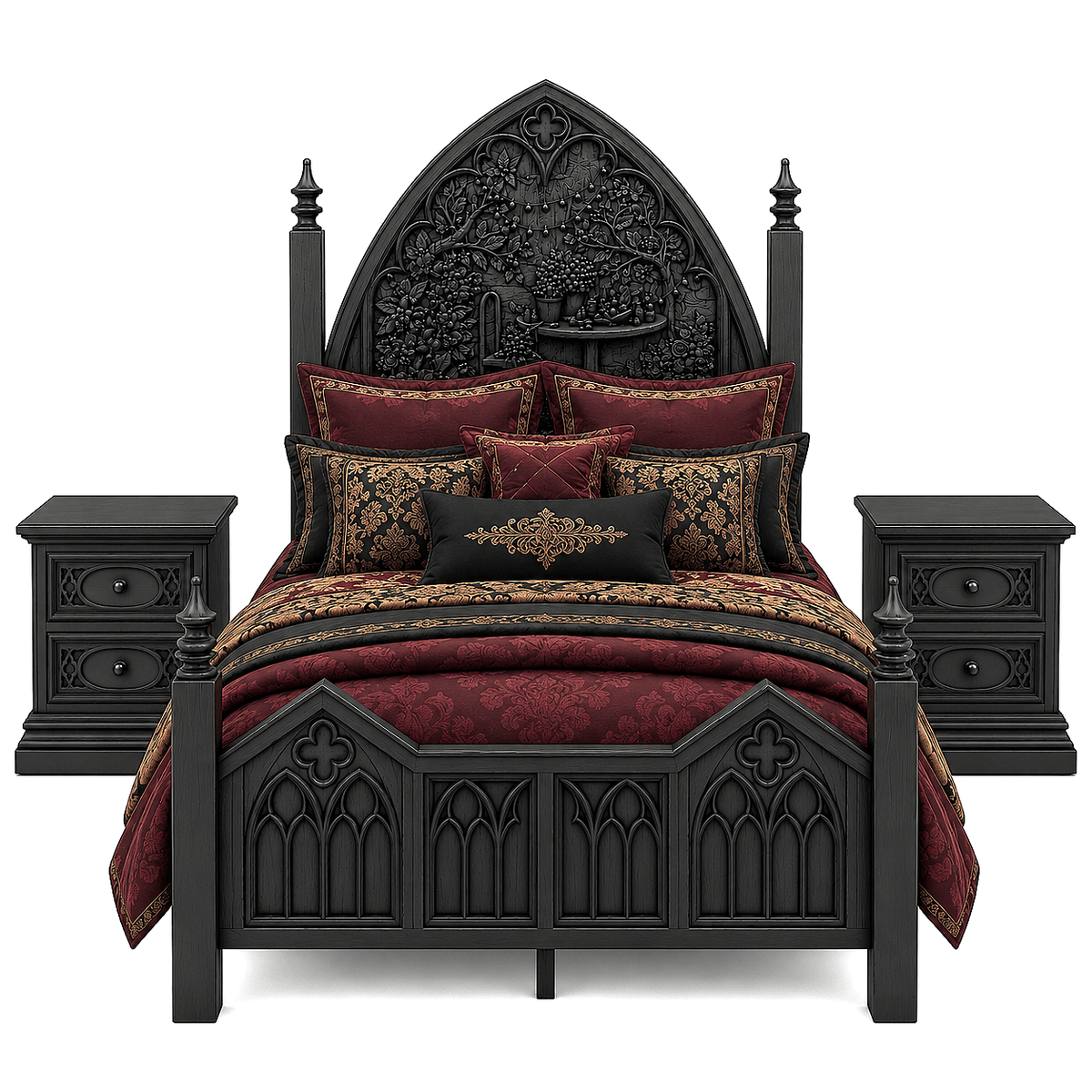 Cathedral Reverie™ Gothic Hand-Carved Solid Wood Nightstand – handcrafted solid wood furniture
