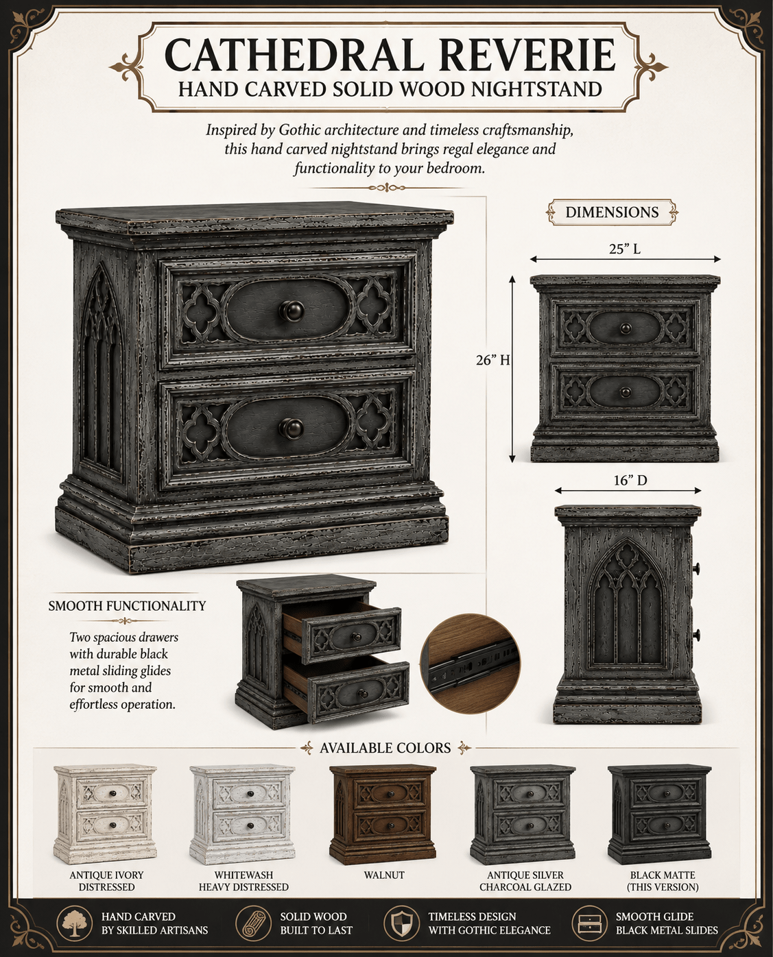 Cathedral Reverie™ Gothic Hand-Carved Solid Wood Nightstand – handcrafted solid wood furniture