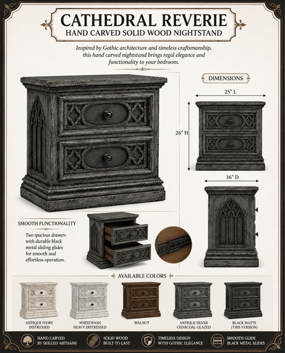 Cathedral Reverie™ Gothic Hand-Carved Solid Wood Nightstand – handcrafted solid wood furniture