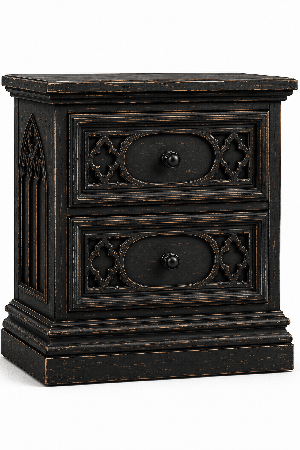 Cathedral Reverie™ Gothic Hand-Carved Solid Wood Nightstand – handcrafted solid wood furniture