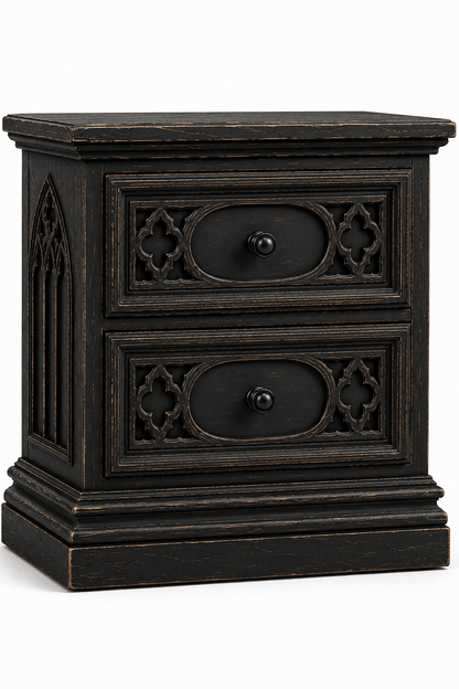 Cathedral Reverie™ Gothic Hand-Carved Solid Wood Nightstand – handcrafted solid wood furniture
