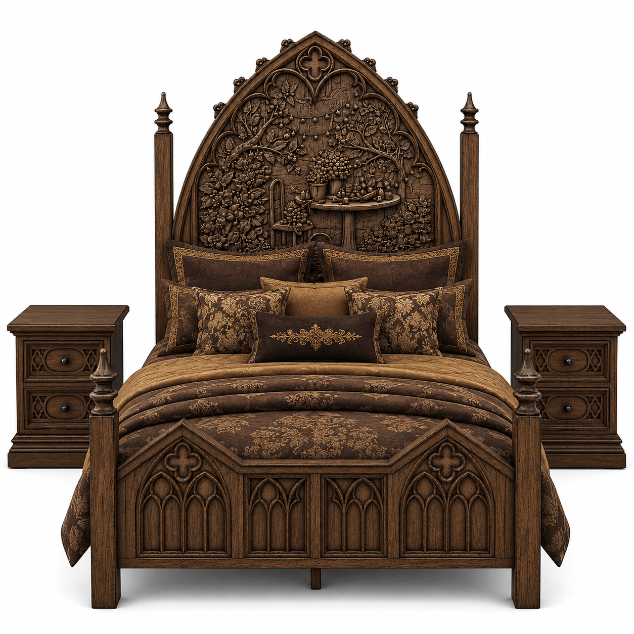 Cathedral Reverie™ Gothic Hand-Carved Solid Wood Nightstand – handcrafted solid wood furniture