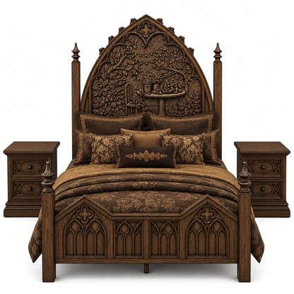 Cathedral Reverie™ Gothic Hand-Carved Solid Wood Nightstand – handcrafted solid wood furniture