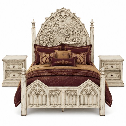 Cathedral Reverie Gothic Hand-Carved Solid Wood Platform Bed & Bedroom collection – handcrafted solid wood furniture