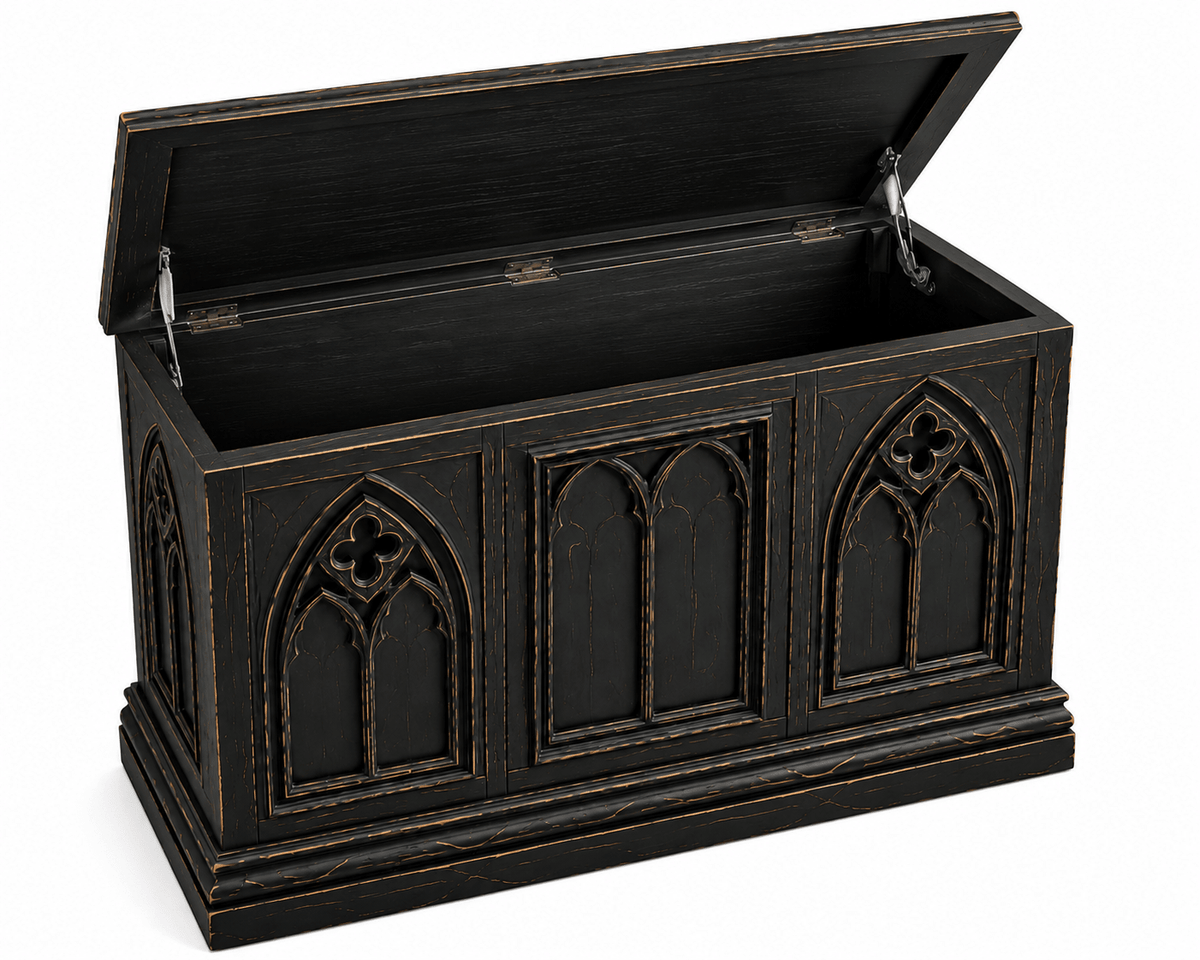 Cathedral Reverie™ Gothic Hand-Carved Solid Wood Storage Chest Box – handcrafted solid wood furniture