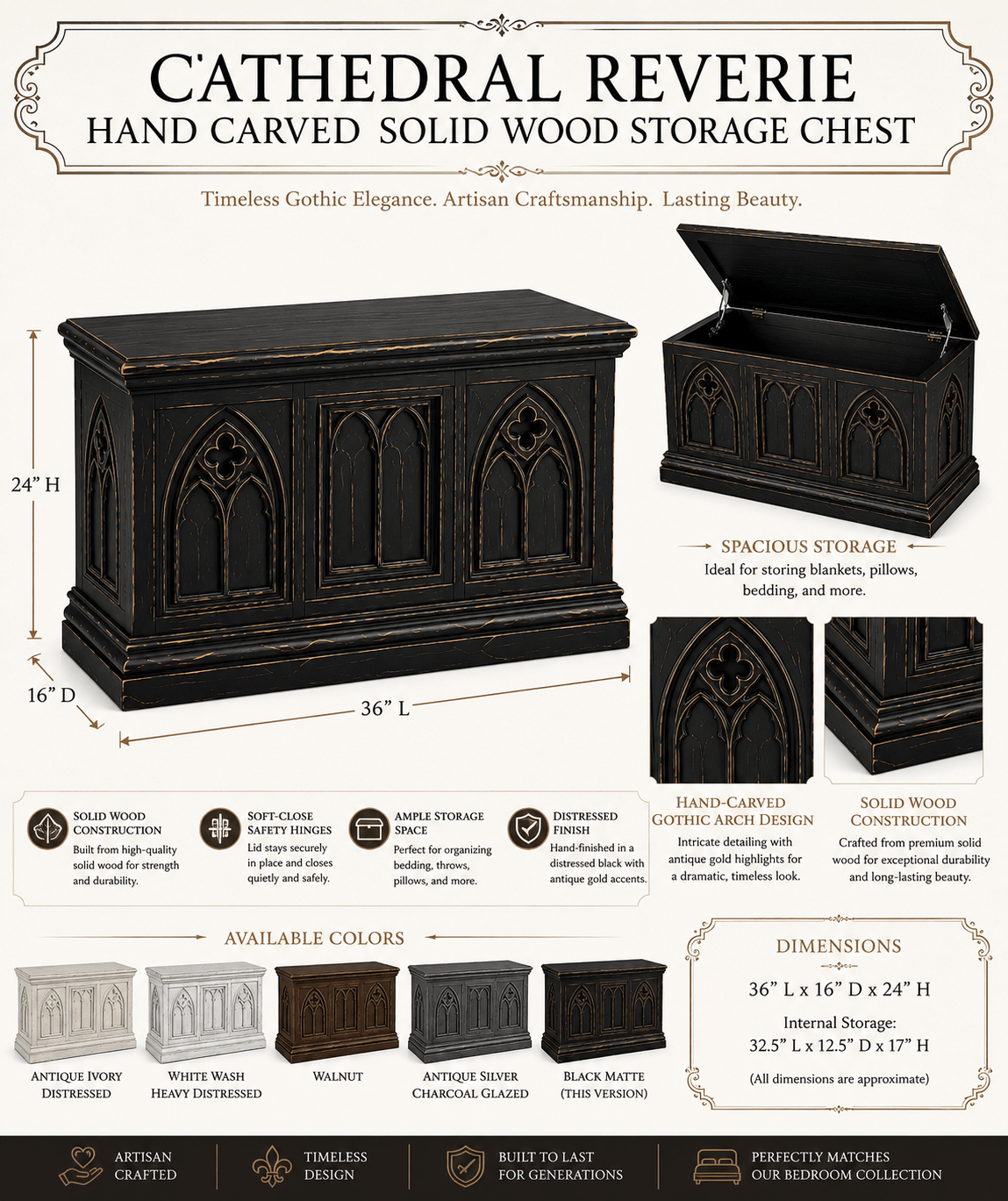 Cathedral Reverie™ Gothic Hand-Carved Solid Wood Storage Chest Box – handcrafted solid wood furniture
