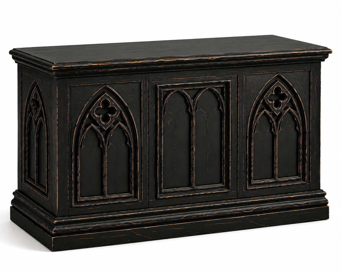 Cathedral Reverie™ Gothic Hand-Carved Solid Wood Storage Chest Box – handcrafted solid wood furniture
