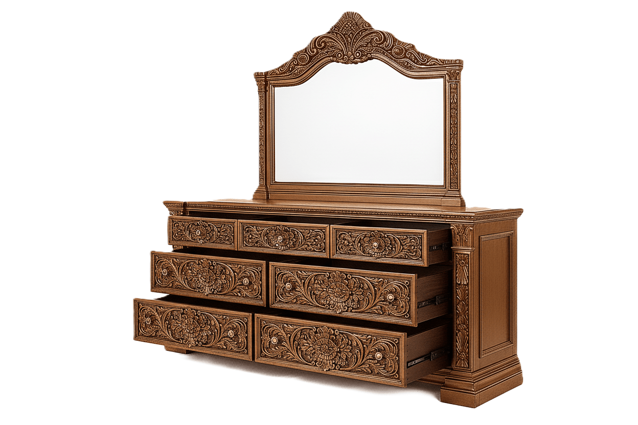Château Élysian Bloom™ Hand - Carved Solid Wood Dresser With Mirror – handcrafted solid wood furniture