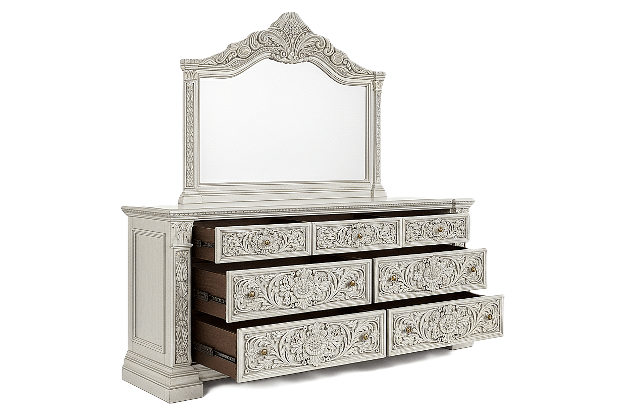 Château Élysian Bloom™ Hand - Carved Solid Wood Dresser With Mirror – handcrafted solid wood furniture