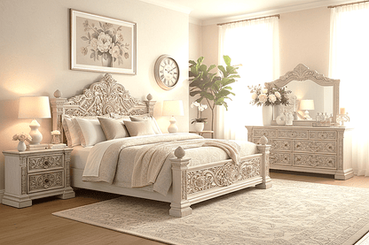Château Élysian Bloom™ Hand - Carved Solid Wood Platform Bed & Bedroom Collection – handcrafted solid wood furniture