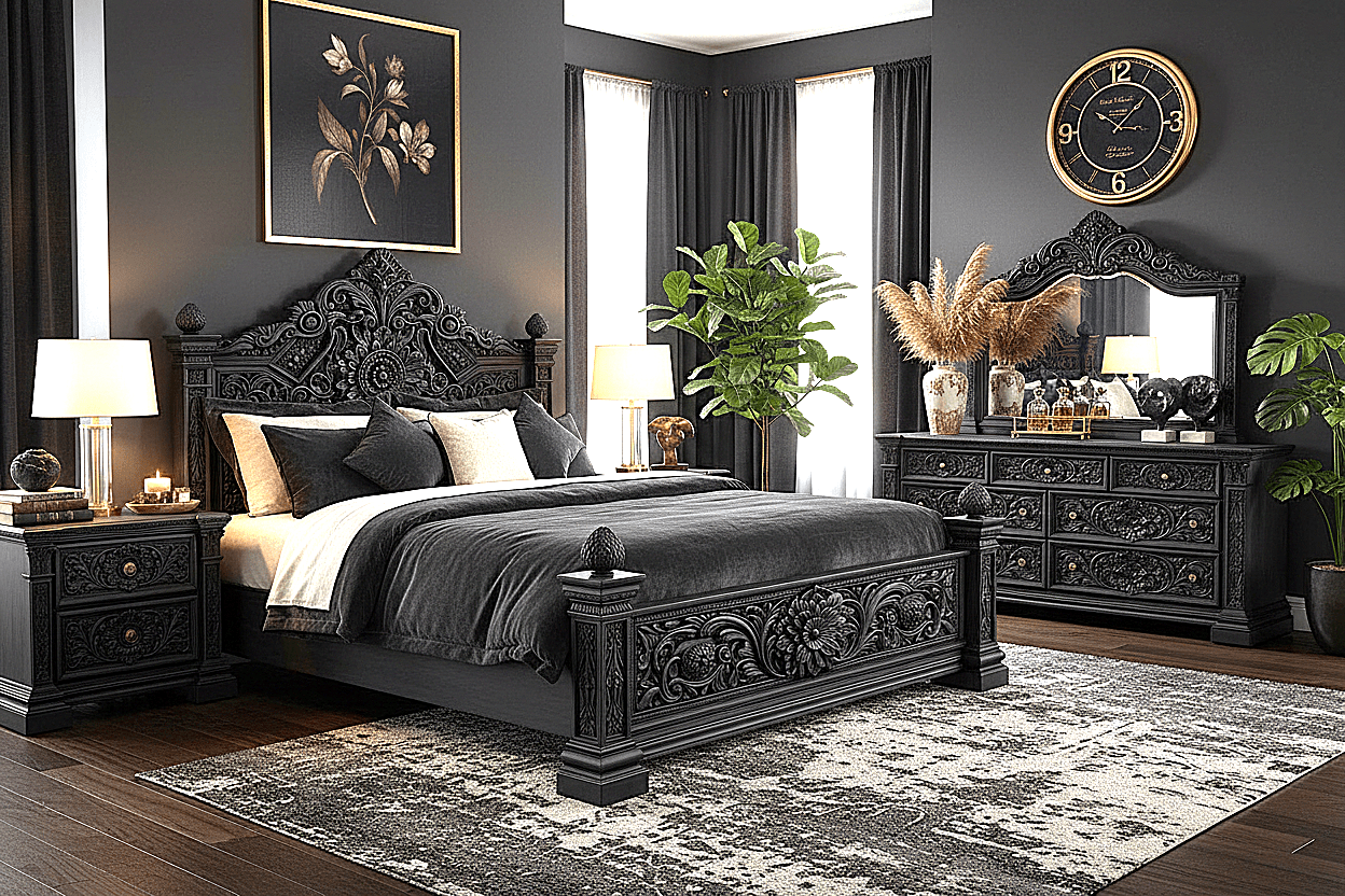 Château Élysian Bloom™ Hand - Carved Solid Wood Platform Bed & Bedroom Collection – handcrafted solid wood furniture