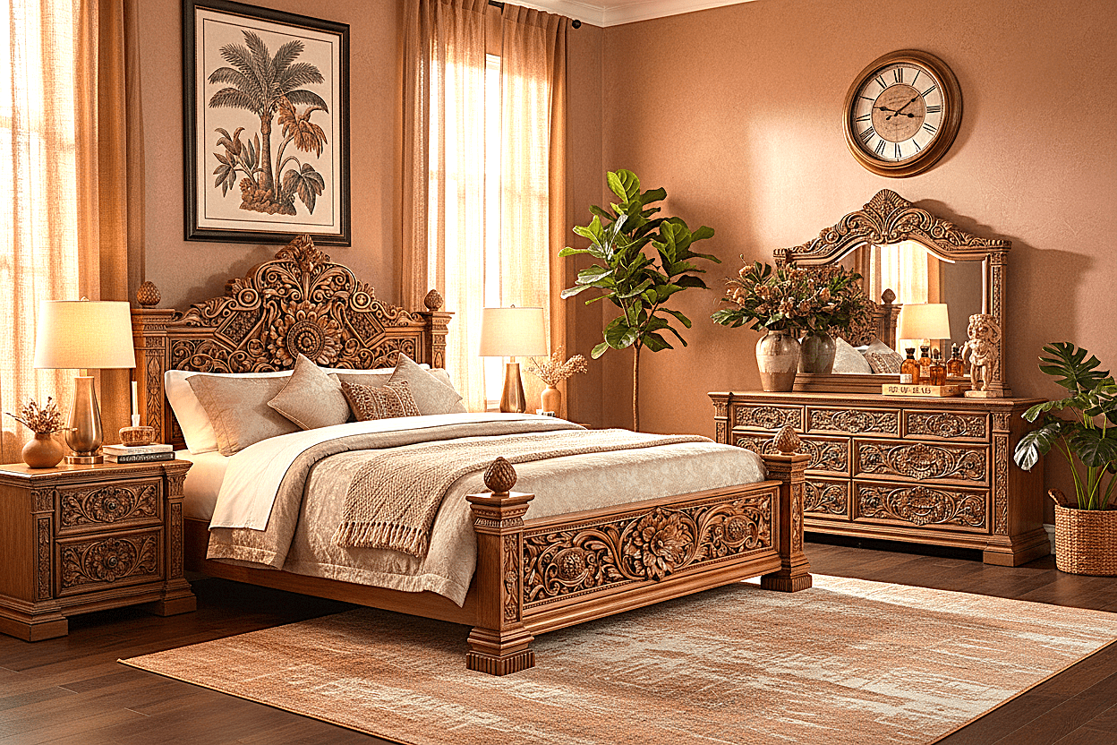 Château Élysian Bloom™ Hand - Carved Solid Wood Platform Bed & Bedroom Collection – handcrafted solid wood furniture