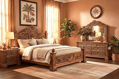 Château Élysian Bloom™ Hand - Carved Solid Wood Platform Bed & Bedroom Collection – handcrafted solid wood furniture