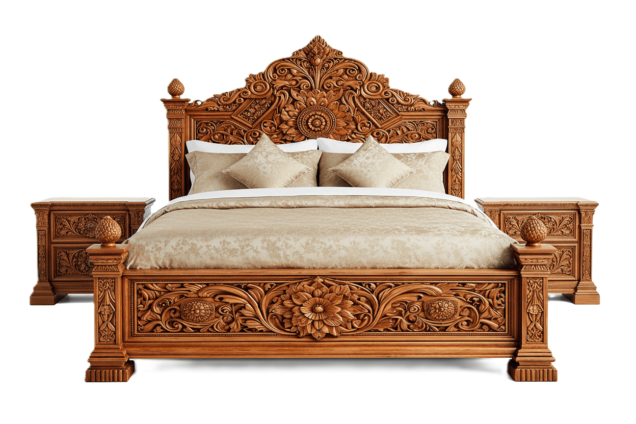 Château Élysian Bloom™ Hand - Carved Solid Wood Platform Bed & Bedroom Collection – handcrafted solid wood furniture
