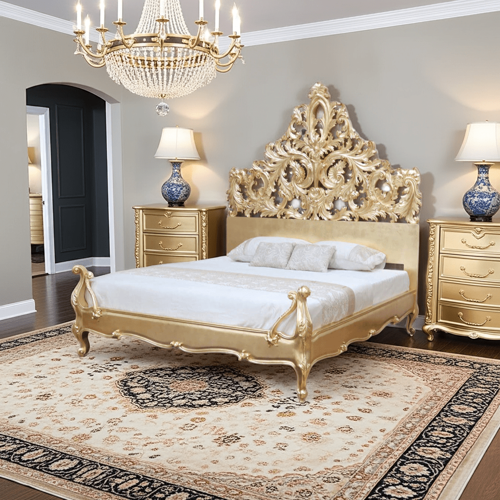 Crown Gold Leaf Hand Carved Bed Frame by Hibashi Furniture – handcrafted solid wood furniture made in India