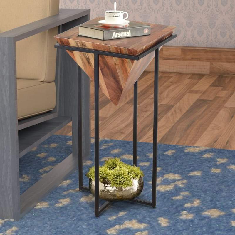 DAPITAN Pyramid Shape Wooden Side Table With Cross Metal Base Accent Table – handcrafted solid wood furniture