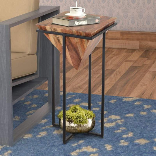 DAPITAN Pyramid Shape Wooden Side Table With Cross Metal Base Accent Table – handcrafted solid wood furniture