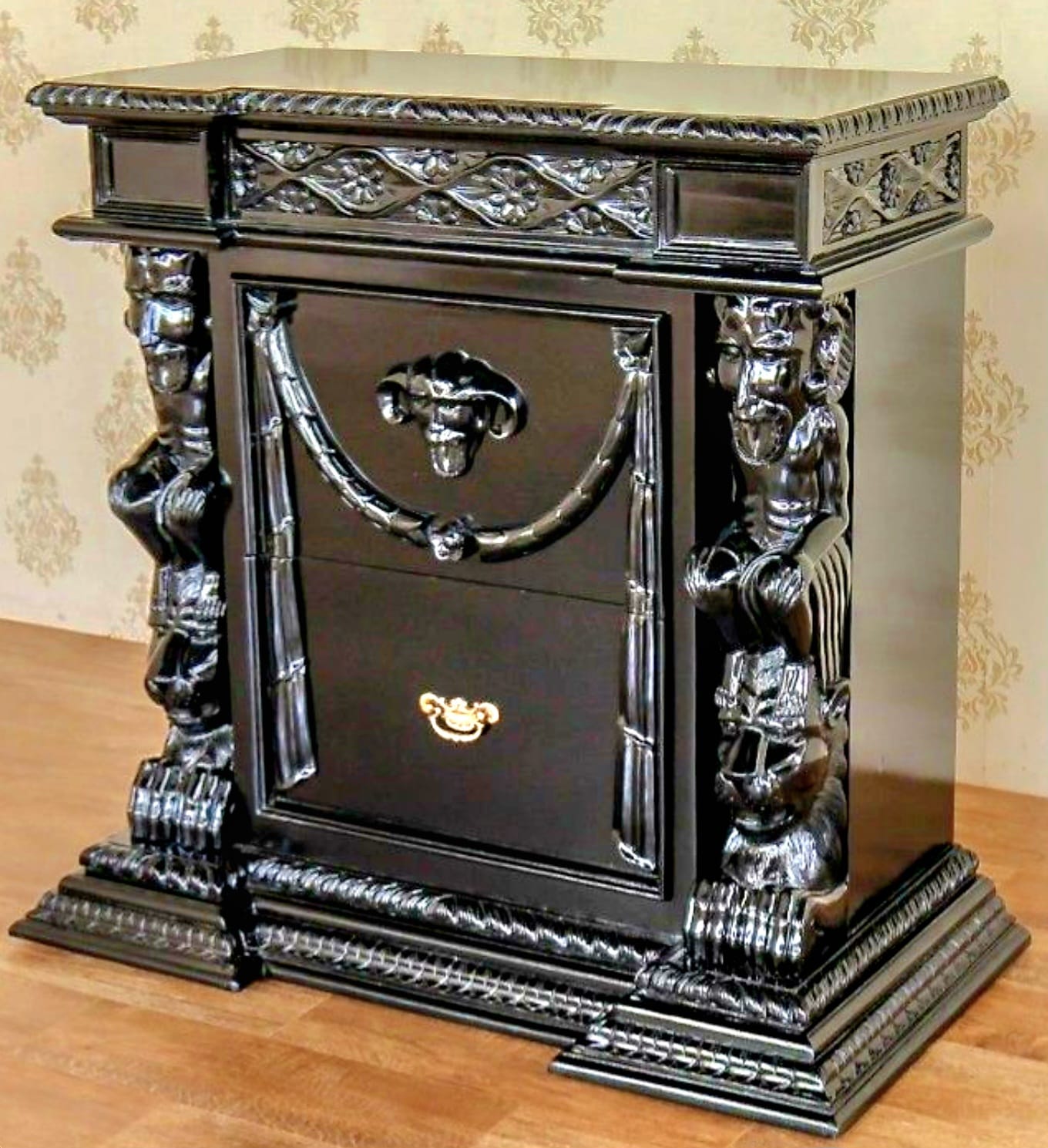 Daze Hand Carved Gothic Nightstand by Hibashi Furniture – handcrafted solid wood furniture made in India