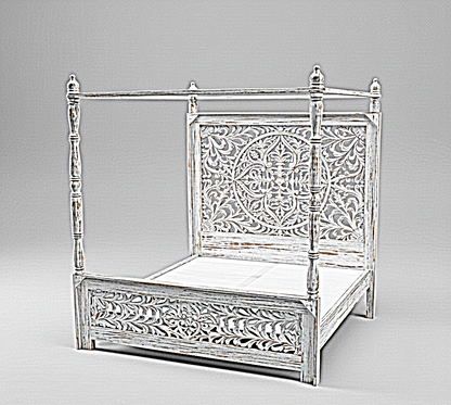 Indian Hand Carved wooden High Headboard Canopy Bed Frame