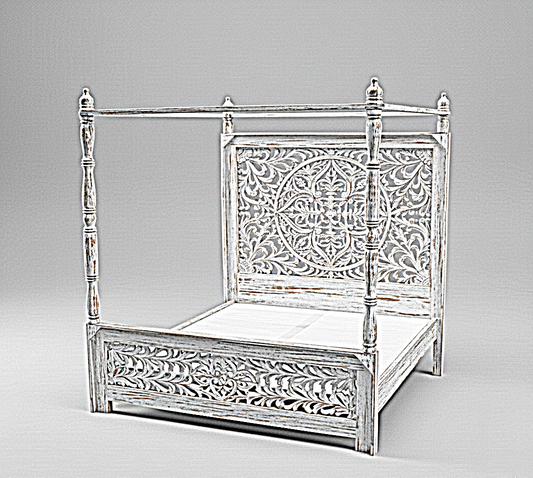 Indian Hand Carved wooden High Headboard Canopy Bed Frame