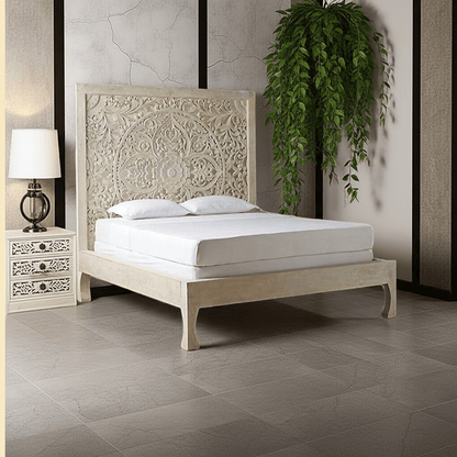 Dynasty hand carved Indian Solid wooden bed frame White by Hibashi Furniture – handcrafted solid wood furniture made in India