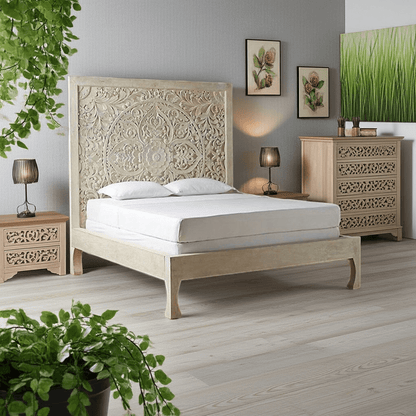 Dynasty hand carved Indian Solid wooden bed frame White – handcrafted solid wood furniture