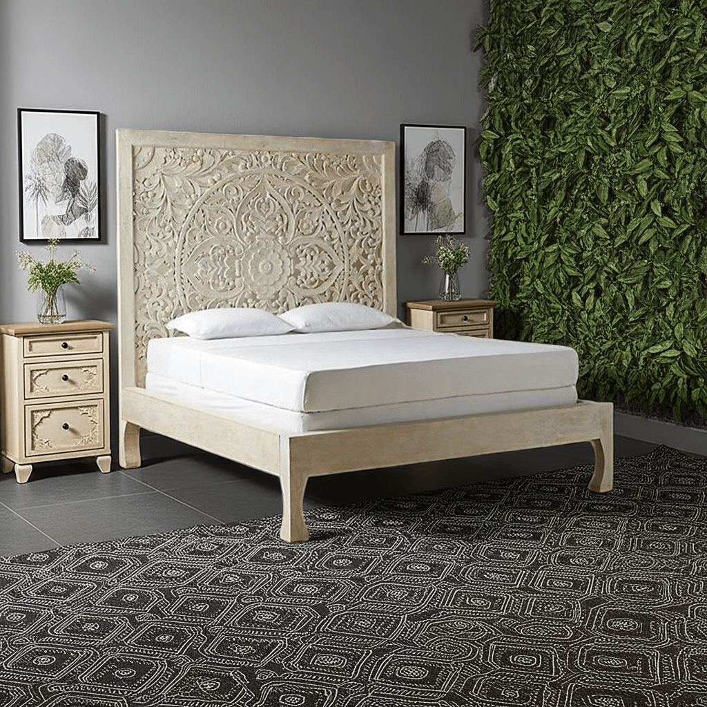 Dynasty hand carved Indian Solid wooden bed frame White – handcrafted solid wood furniture