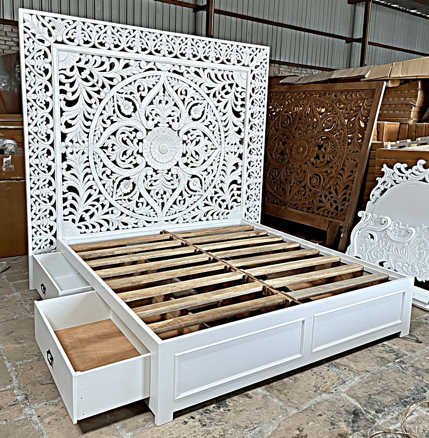 Dynasty Hand Carved Wooden Jody Bed Frame With Storage Drawers – handcrafted solid wood furniture