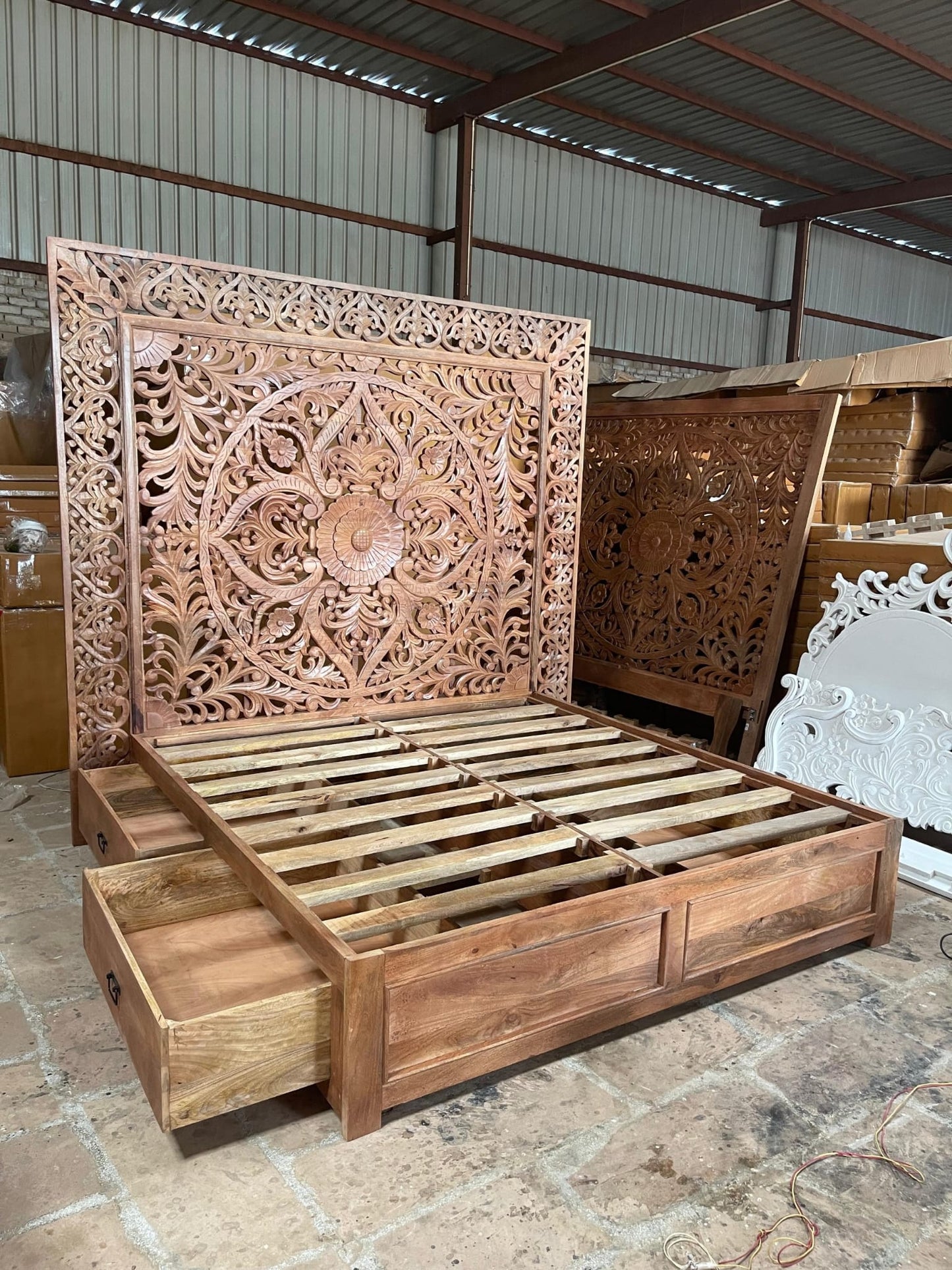 Dynasty Hand Carved Wooden Jody Bed Frame With Storage Drawers – handcrafted solid wood furniture
