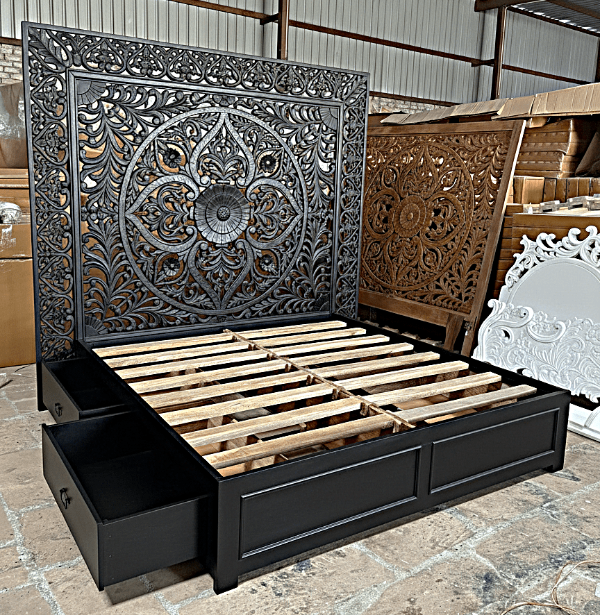 Dynasty Hand Carved Wooden Jody Bed Frame With Storage Drawers - HF Commercial Furniture