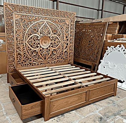 Dynasty Hand Carved Wooden Jody Bed Frame With Storage Drawers – handcrafted solid wood furniture
