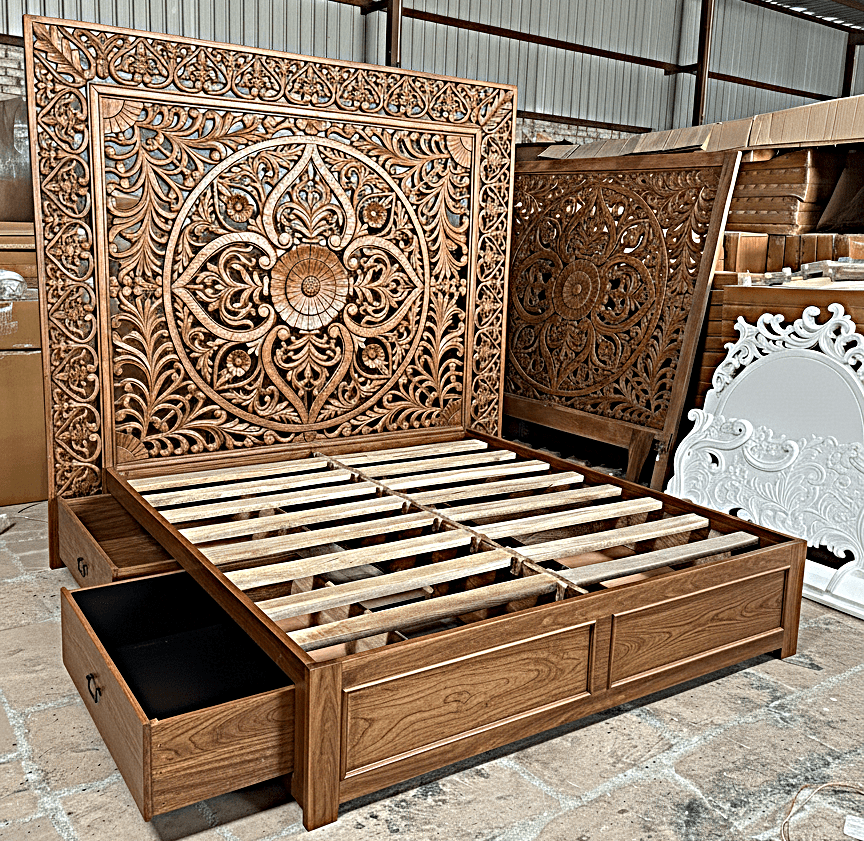 Dynasty Hand Carved Wooden Jody Bed Frame With Storage Drawers – handcrafted solid wood furniture