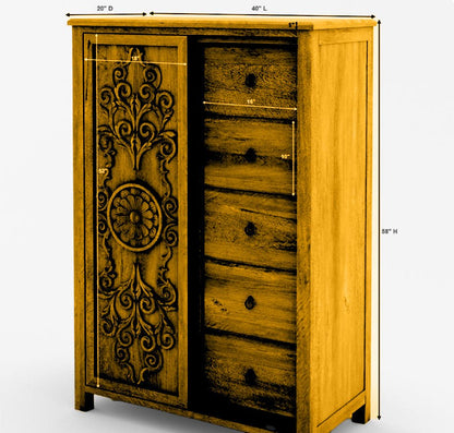 Dynasty Mughal Hand Carved Solid Wooden 5 - Drawer Armoire / Tall Dresser – handcrafted solid wood furniture