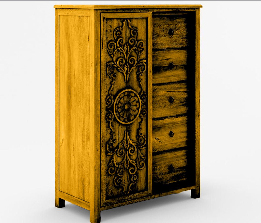 Dynasty Mughal Hand Carved Solid Wooden 5 - Drawer Armoire / Tall Dresser – handcrafted solid wood furniture