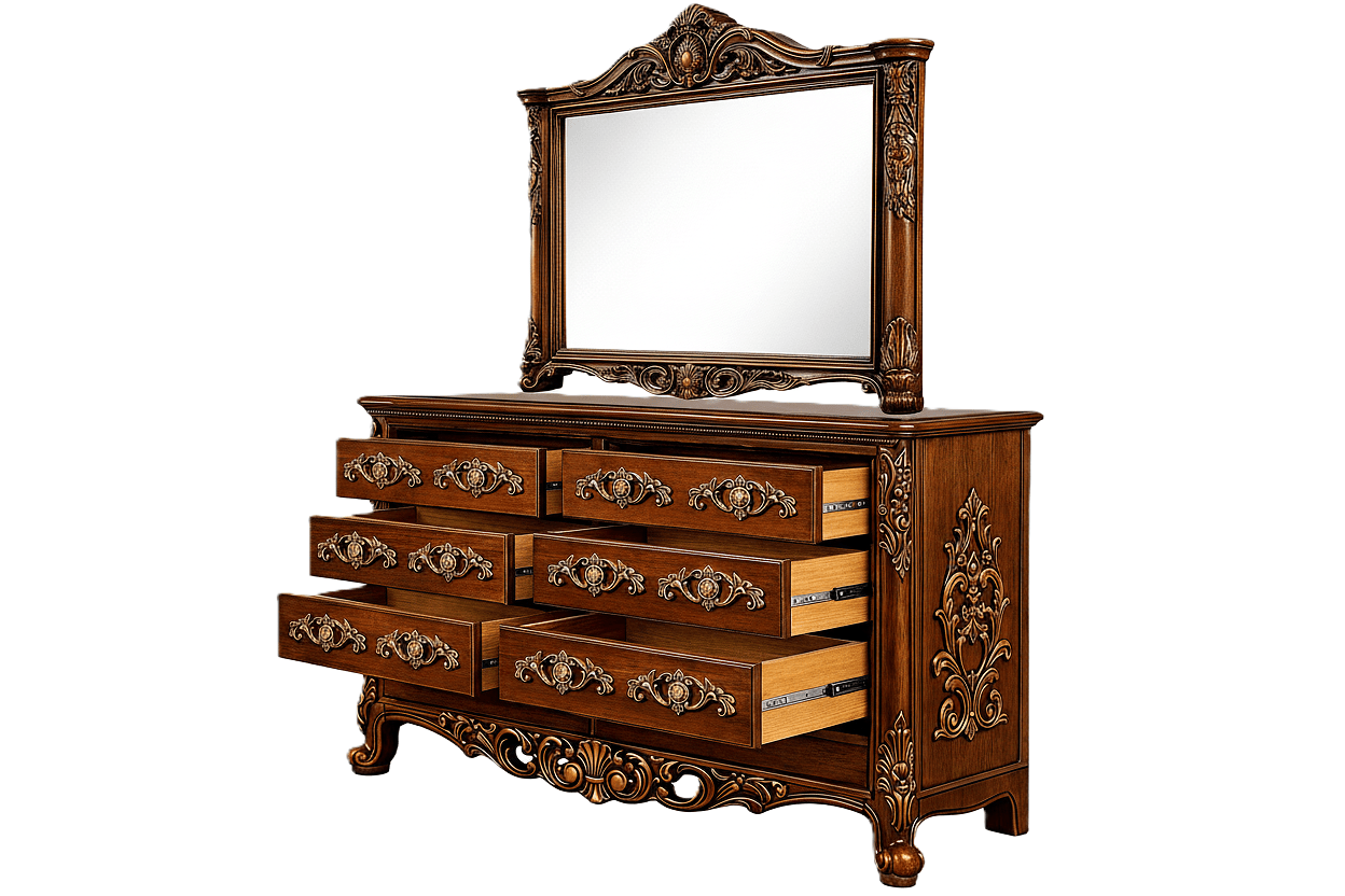 Eldoria Palace™ Hand - Carved Solid Teak Wood Dresser With Mirror Frame – handcrafted solid wood furniture
