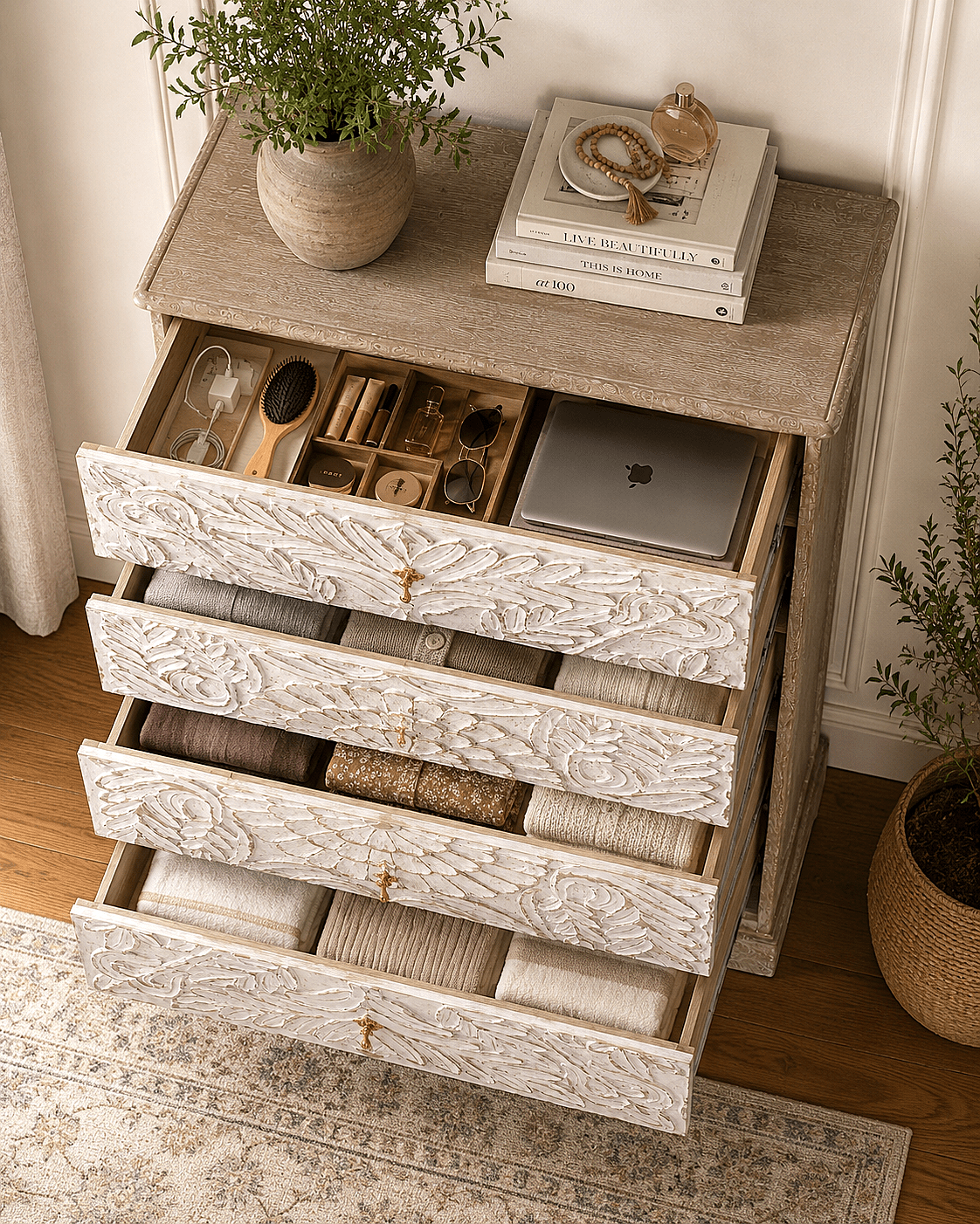 Elegant Floral Hand-Carved Indian Chest drawer – handcrafted solid wood furniture