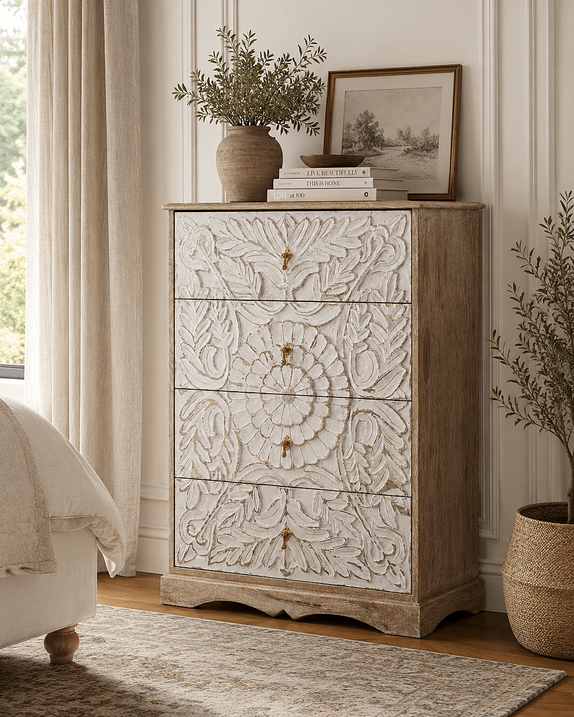 Elegant Floral Hand-Carved Indian Chest drawer – handcrafted solid wood furniture