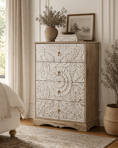 Elegant Floral Hand-Carved Indian Chest drawer – handcrafted solid wood furniture