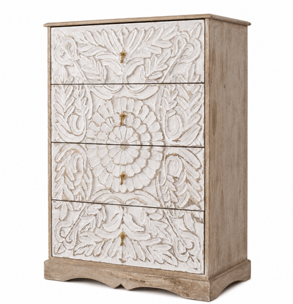 Elegant Floral Hand-Carved Indian Chest drawer – handcrafted solid wood furniture