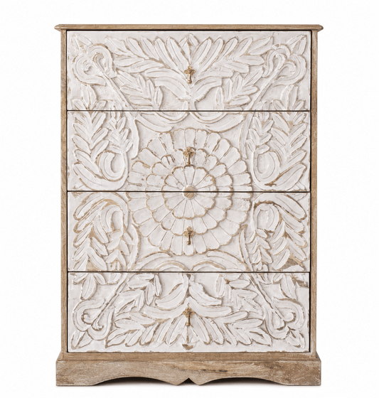 Elegant Floral Hand-Carved Indian Chest drawer – handcrafted solid wood furniture